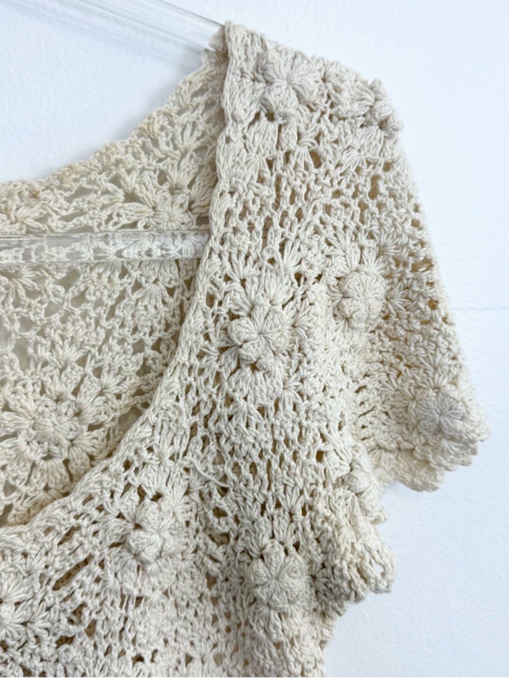 Vintage Hand Crochet Cotton Floral Top Cream Boho Cottagecore Size M - Picture 2 of 5